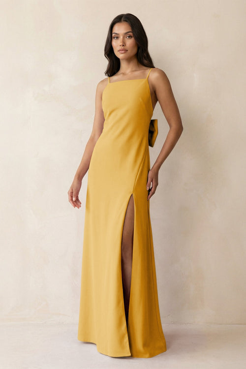 Spaghetti Strap Sheath Satin Bridesmaid Dress with Bow in Gold - KISS BRIDAL Bridesmaid Dresses
