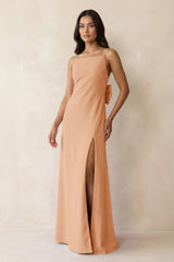 Spaghetti Strap Sheath Satin Bridesmaid Dress with Bow in Golden Champagne - KISS BRIDAL Bridesmaid Dresses