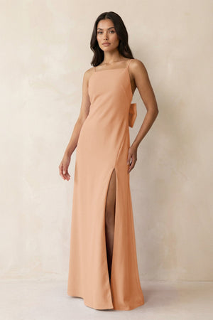 Spaghetti Strap Sheath Satin Bridesmaid Dress with Bow in Golden Champagne - KISS BRIDAL Bridesmaid Dresses