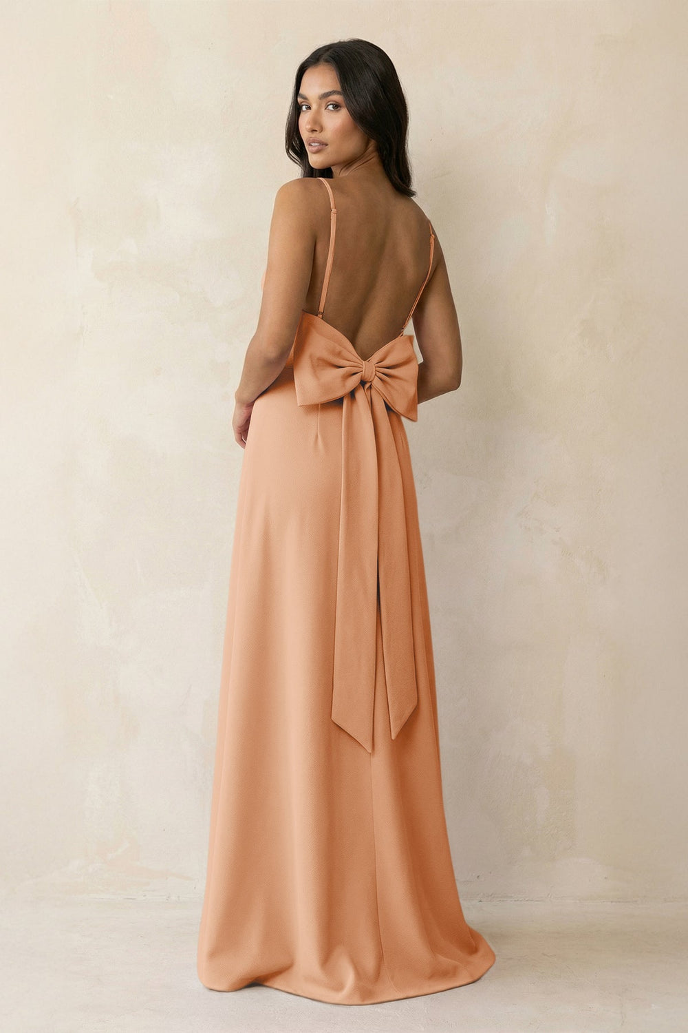 Spaghetti Strap Sheath Satin Bridesmaid Dress with Bow in Golden Champagne - KISS BRIDAL Bridesmaid Dresses