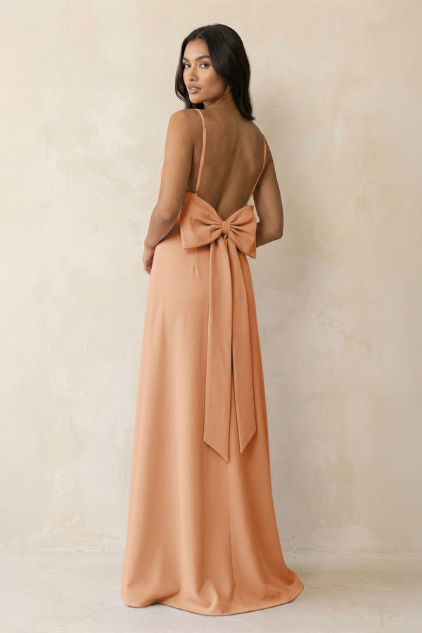 Spaghetti Strap Sheath Satin Bridesmaid Dress with Bow in Golden Champagne - KISS BRIDAL Bridesmaid Dresses