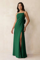 Spaghetti Strap Sheath Satin Bridesmaid Dress with Bow in Green - KISS BRIDAL Bridesmaid Dresses