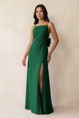 Spaghetti Strap Sheath Satin Bridesmaid Dress with Bow in Green - KISS BRIDAL Bridesmaid Dresses