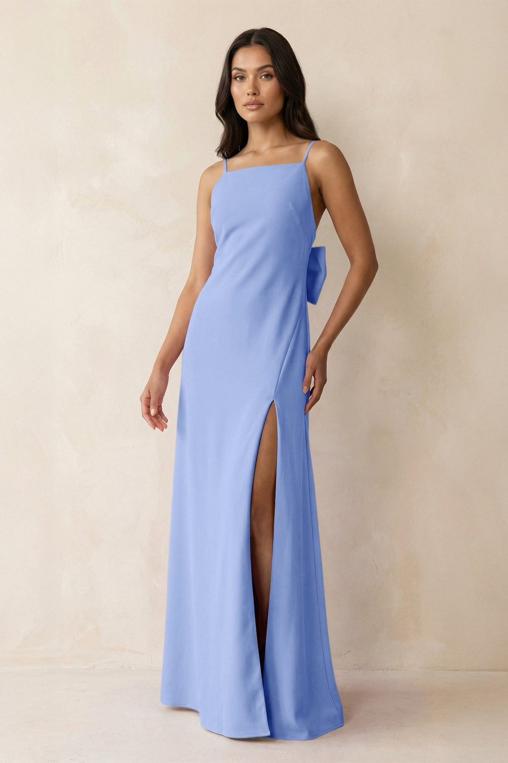 Spaghetti Strap Sheath Satin Bridesmaid Dress with Bow in Ice - SHE IS ME Bridesmaid Dresses