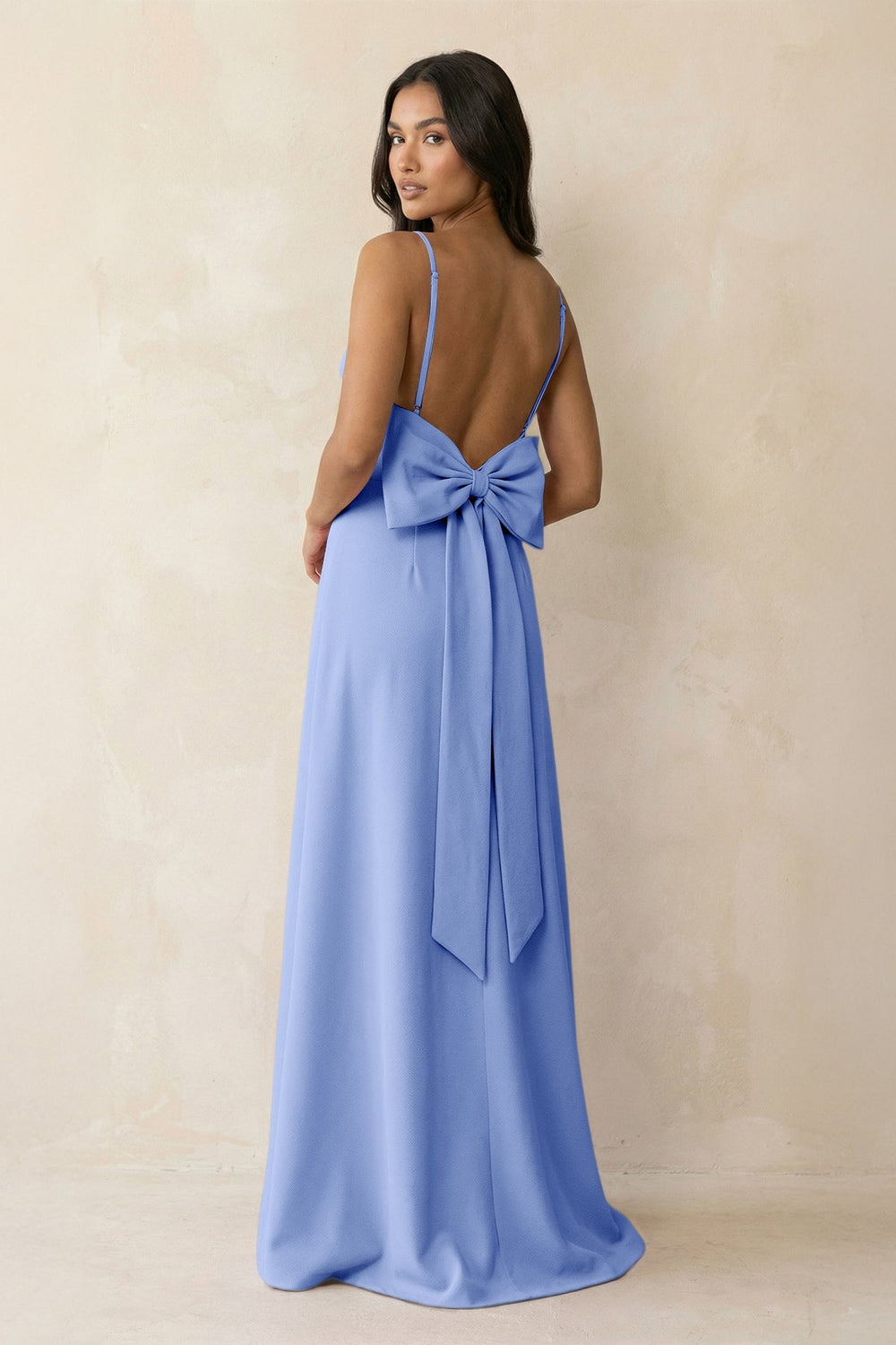 Spaghetti Strap Sheath Satin Bridesmaid Dress with Bow in Ice - SHE IS ME Bridesmaid Dresses