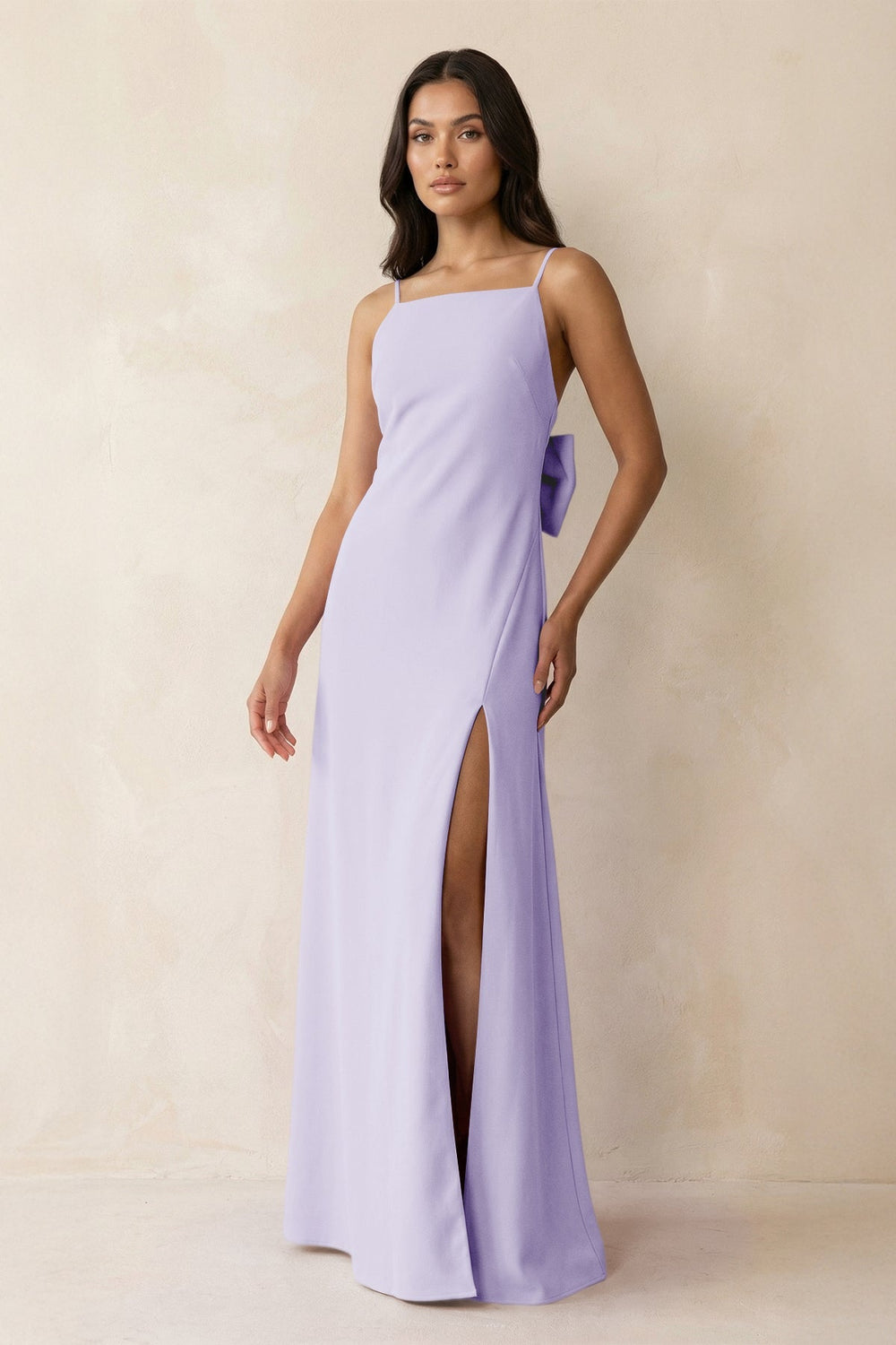 Spaghetti Strap Sheath Satin Bridesmaid Dress with Bow in Lavender - SHE IS ME Bridesmaid Dresses