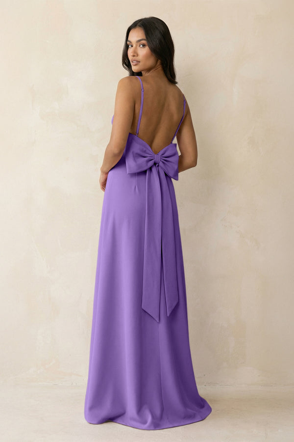 Spaghetti Strap Sheath Satin Bridesmaid Dress with Bow in Lilac - KISS BRIDAL Bridesmaid Dresses