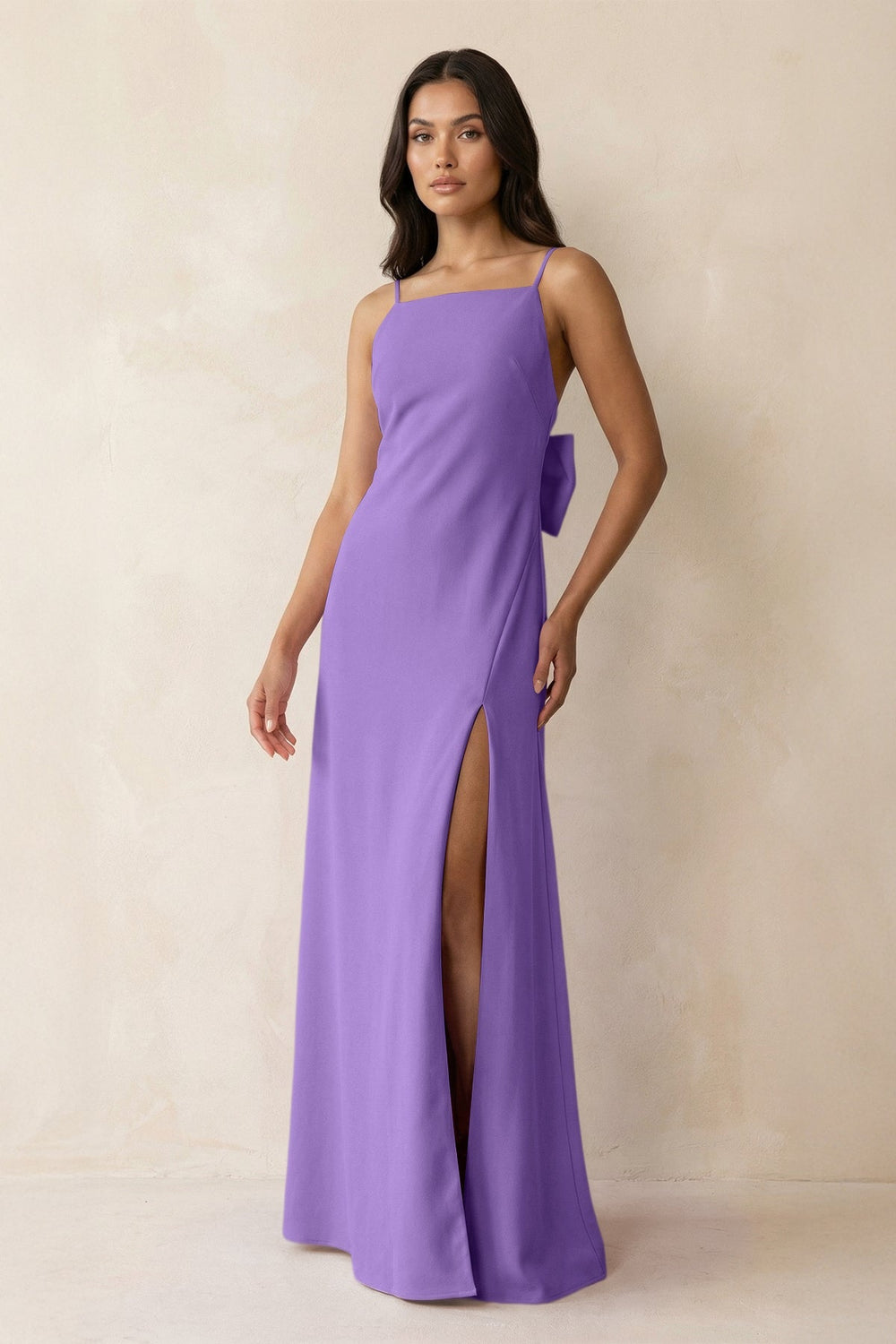 Spaghetti Strap Sheath Satin Bridesmaid Dress with Bow in Lilac - KISS BRIDAL Bridesmaid Dresses