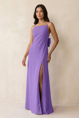 Spaghetti Strap Sheath Satin Bridesmaid Dress with Bow in Lilac - KISS BRIDAL Bridesmaid Dresses