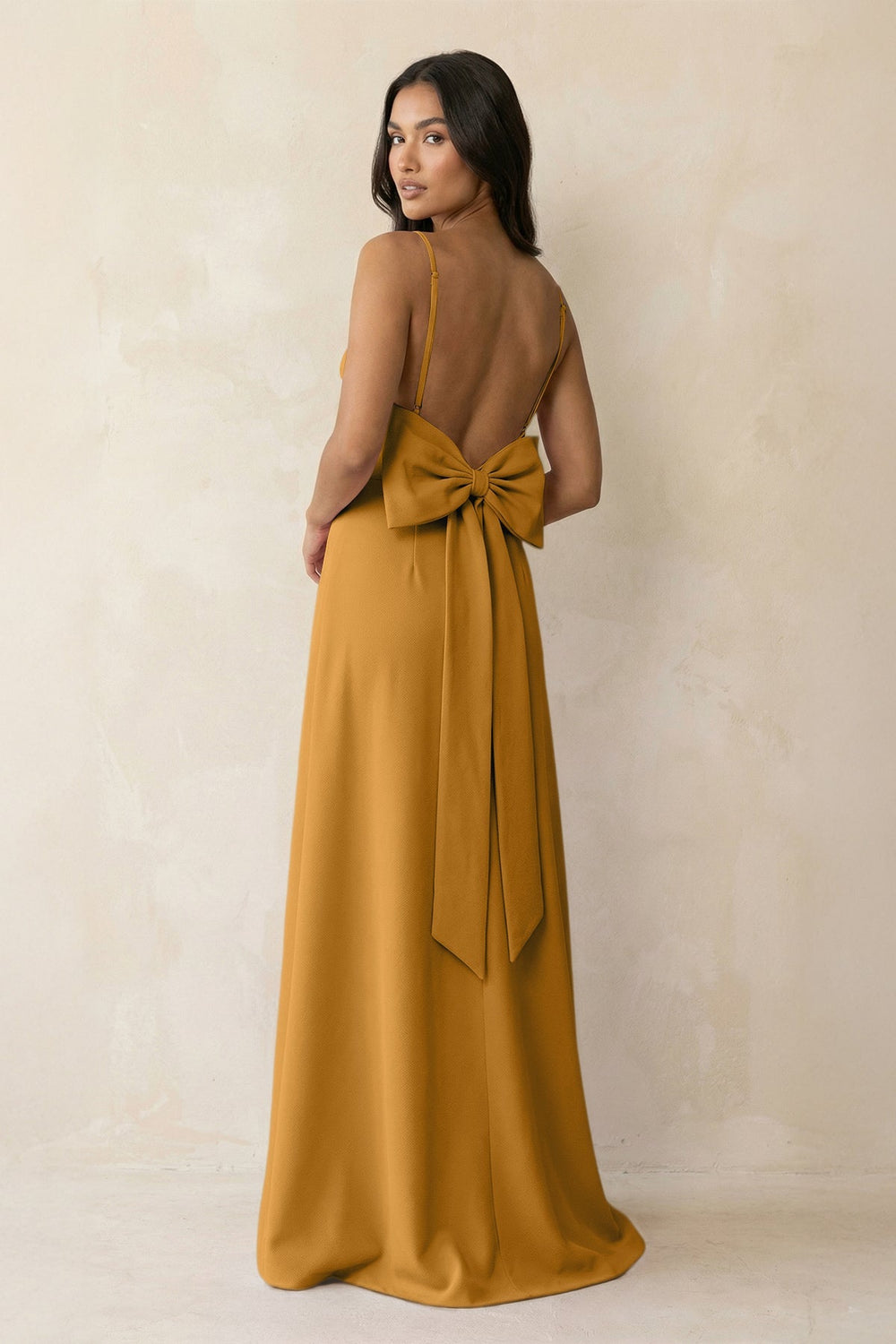 Spaghetti Strap Sheath Satin Bridesmaid Dress with Bow in Marigold - KISS BRIDAL Bridesmaid Dresses