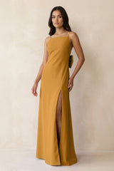 Spaghetti Strap Sheath Satin Bridesmaid Dress with Bow in Marigold - KISS BRIDAL Bridesmaid Dresses