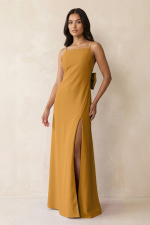 Spaghetti Strap Sheath Satin Bridesmaid Dress with Bow in Marigold - KISS BRIDAL Bridesmaid Dresses