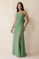 Spaghetti Strap Sheath Satin Bridesmaid Dress with Bow in Matcha - KISS BRIDAL Bridesmaid Dresses