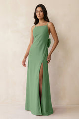 Spaghetti Strap Sheath Satin Bridesmaid Dress with Bow in Matcha - KISS BRIDAL Bridesmaid Dresses