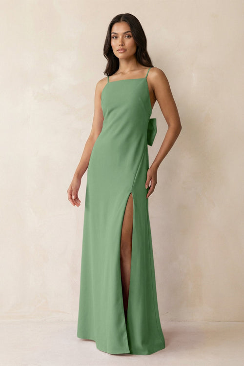 Spaghetti Strap Sheath Satin Bridesmaid Dress with Bow in Matcha - KISS BRIDAL Bridesmaid Dresses