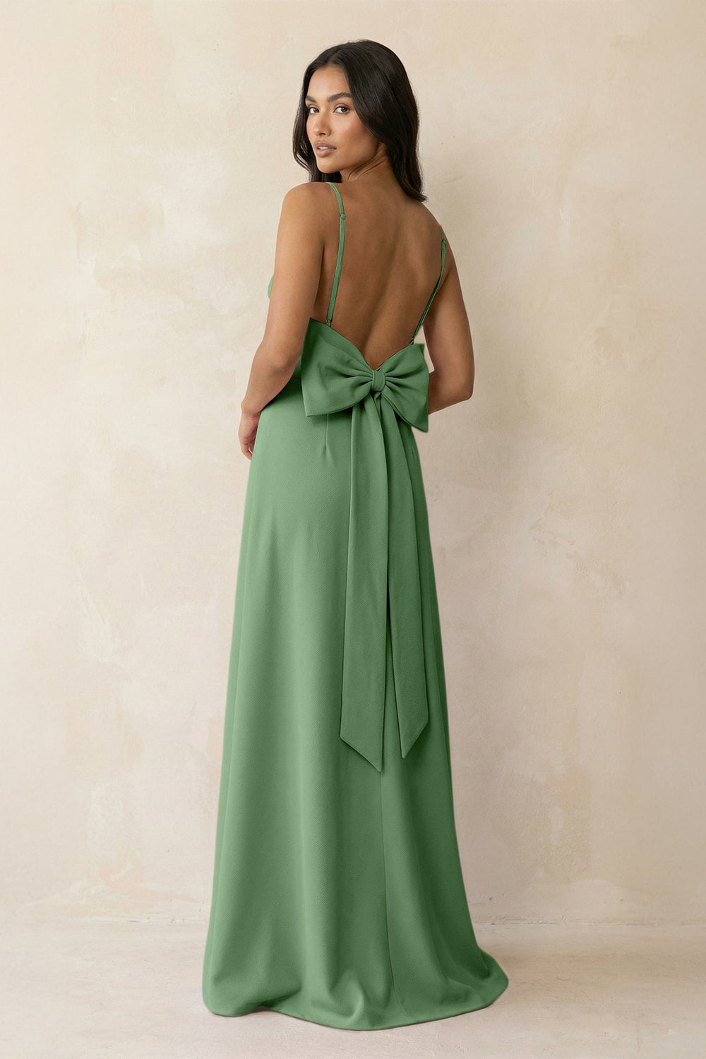 Spaghetti Strap Sheath Satin Bridesmaid Dress with Bow in Matcha - KISS BRIDAL Bridesmaid Dresses