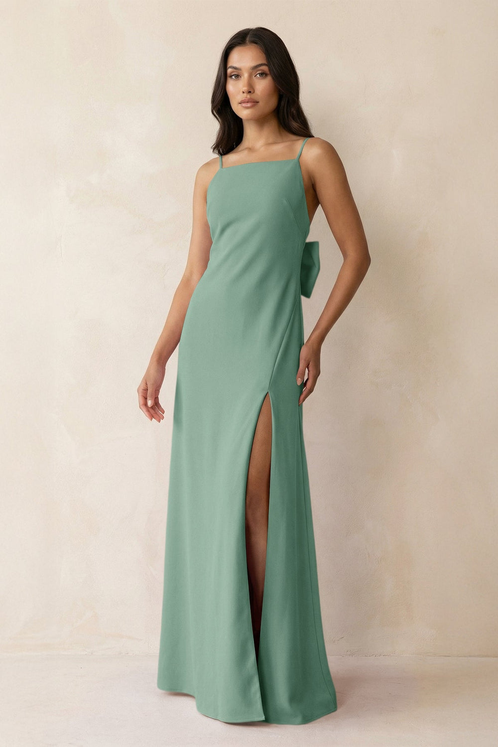 Spaghetti Strap Sheath Satin Bridesmaid Dress with Bow in Mint Green - SHE IS ME Bridesmaid Dresses