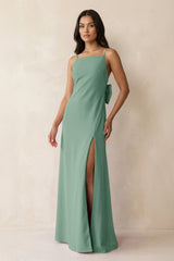 Spaghetti Strap Sheath Satin Bridesmaid Dress with Bow in Mint Green - KISS BRIDAL Bridesmaid Dresses