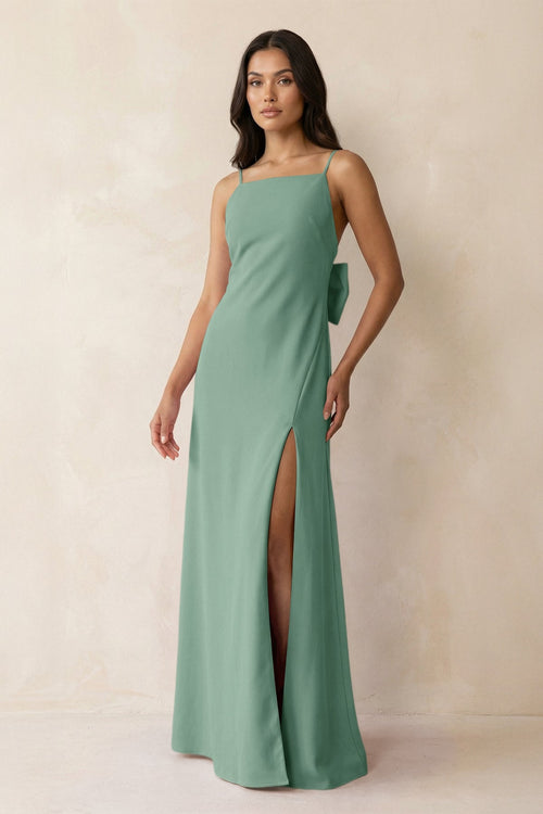Spaghetti Strap Sheath Satin Bridesmaid Dress with Bow in Mint Green - KISS BRIDAL Bridesmaid Dresses
