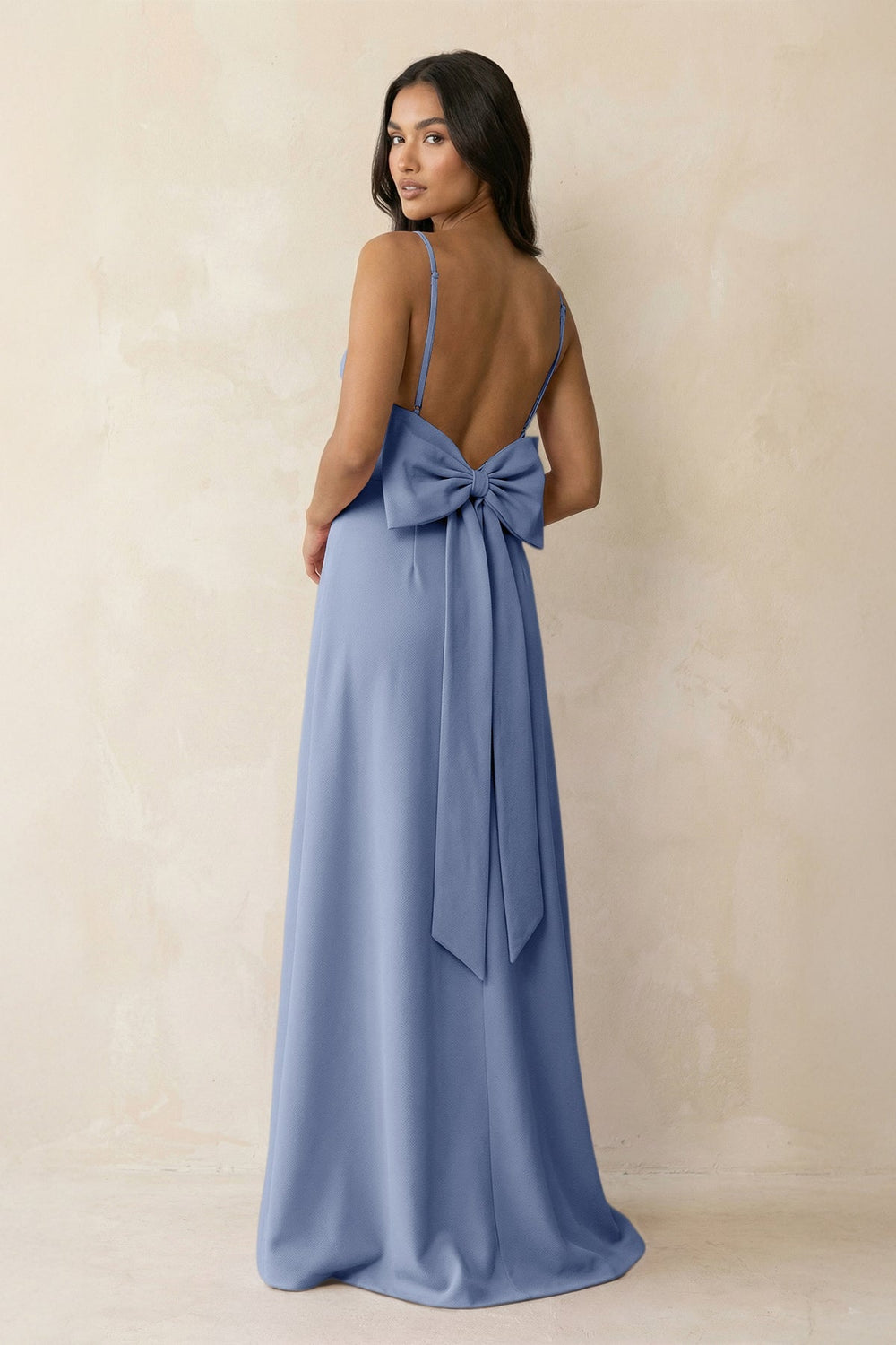 Spaghetti Strap Sheath Satin Bridesmaid Dress with Bow in Mist - SHE IS ME Bridesmaid Dresses