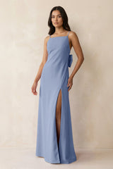 Spaghetti Strap Sheath Satin Bridesmaid Dress with Bow in Mist - KISS BRIDAL Bridesmaid Dresses