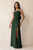 Spaghetti Strap Sheath Satin Bridesmaid Dress with Bow in Moss - KISS BRIDAL Bridesmaid Dresses