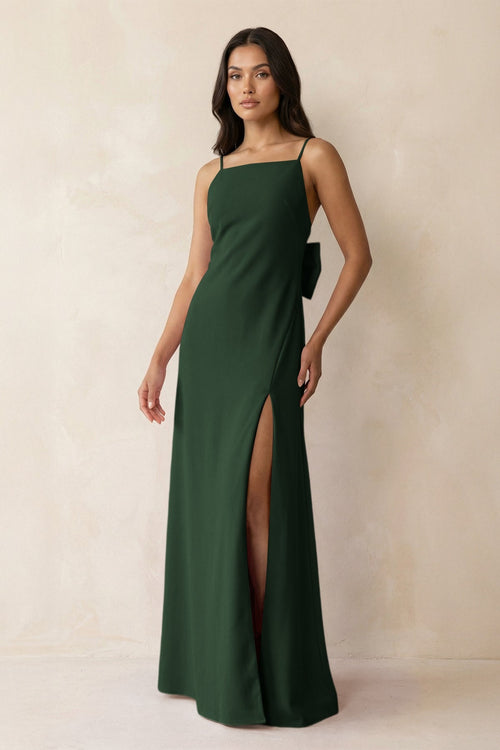 Spaghetti Strap Sheath Satin Bridesmaid Dress with Bow in Moss - KISS BRIDAL Bridesmaid Dresses