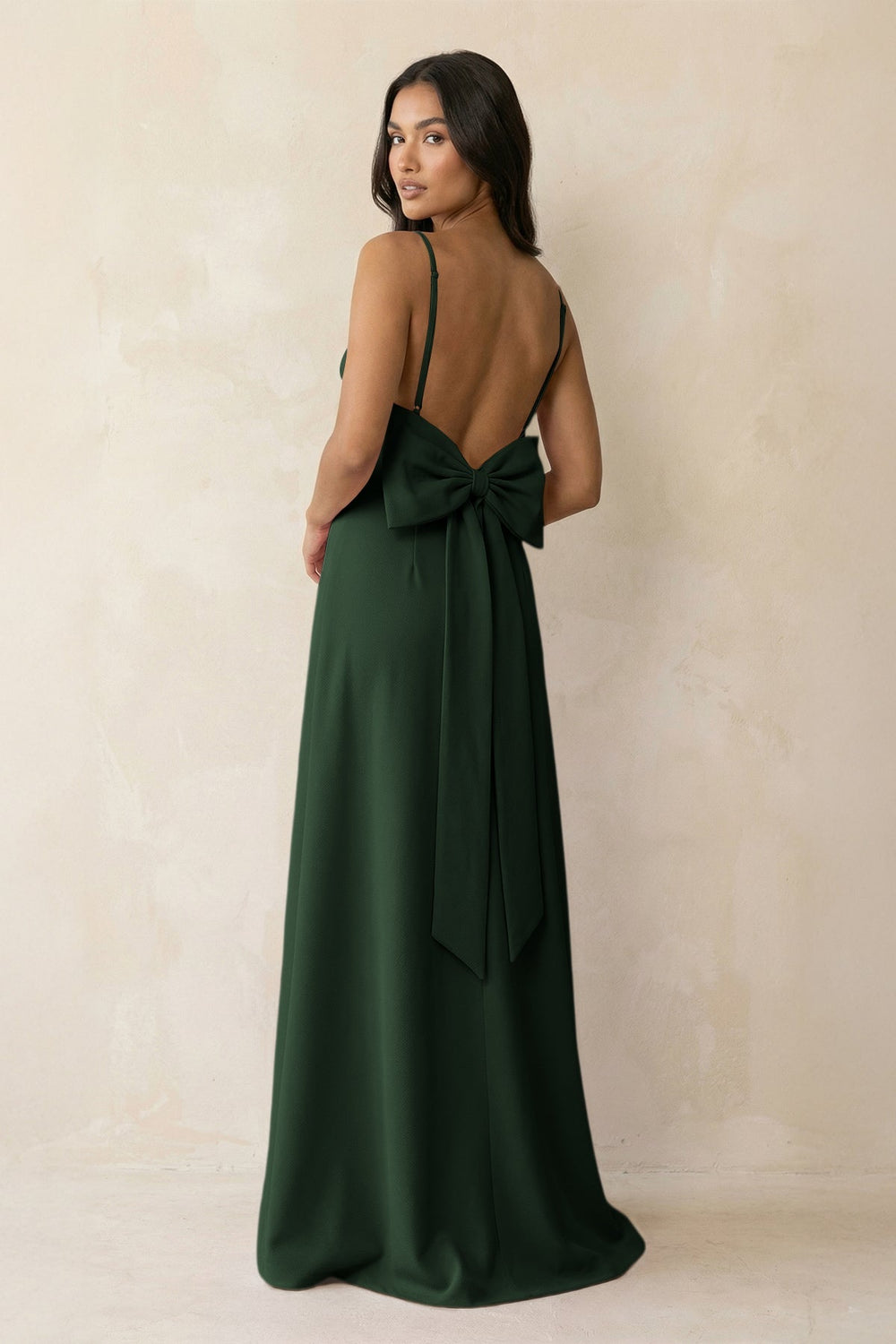 Spaghetti Strap Sheath Satin Bridesmaid Dress with Bow in Moss - SHE IS ME Bridesmaid Dresses