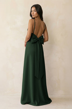 Spaghetti Strap Sheath Satin Bridesmaid Dress with Bow in Moss - KISS BRIDAL Bridesmaid Dresses