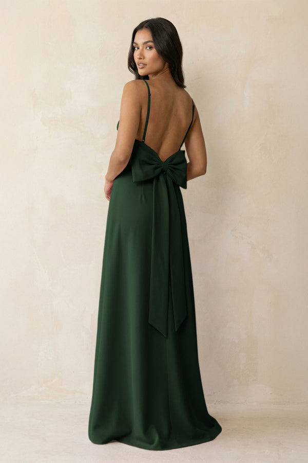 Spaghetti Strap Sheath Satin Bridesmaid Dress with Bow in Moss - KISS BRIDAL Bridesmaid Dresses