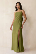Spaghetti Strap Sheath Satin Bridesmaid Dress with Bow in Moss Green - KISS BRIDAL Bridesmaid Dresses