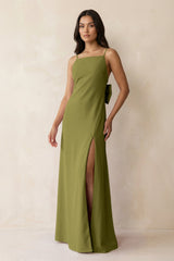 Spaghetti Strap Sheath Satin Bridesmaid Dress with Bow in Moss Green - KISS BRIDAL Bridesmaid Dresses