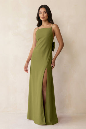 Spaghetti Strap Sheath Satin Bridesmaid Dress with Bow in Moss Green - KISS BRIDAL Bridesmaid Dresses
