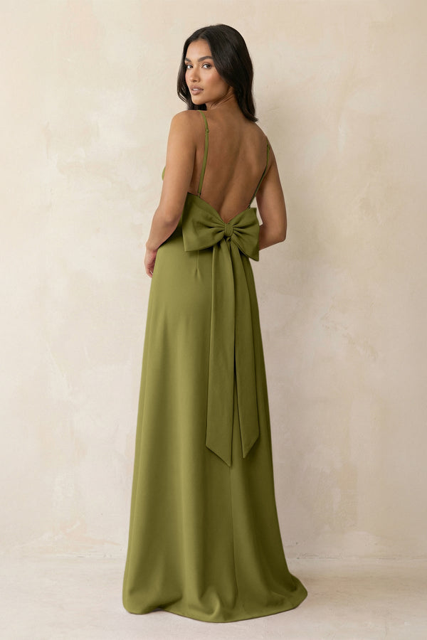 Spaghetti Strap Sheath Satin Bridesmaid Dress with Bow in Moss Green - KISS BRIDAL Bridesmaid Dresses