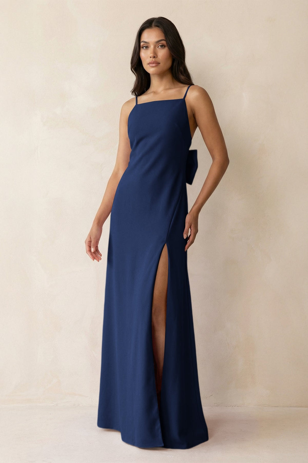 Spaghetti Strap Sheath Satin Bridesmaid Dress with Bow in Navy - SHE IS ME Bridesmaid Dresses