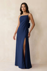 Spaghetti Strap Sheath Satin Bridesmaid Dress with Bow in Navy - KISS BRIDAL Bridesmaid Dresses