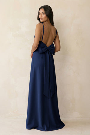 Spaghetti Strap Sheath Satin Bridesmaid Dress with Bow in Navy - KISS BRIDAL Bridesmaid Dresses