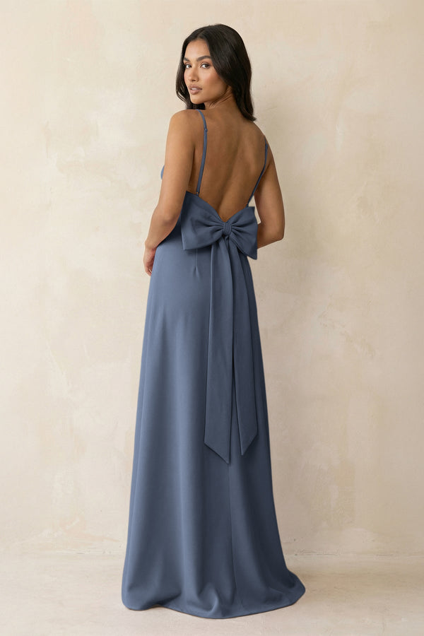 Spaghetti Strap Sheath Satin Bridesmaid Dress with Bow in Neptune - KISS BRIDAL Bridesmaid Dresses