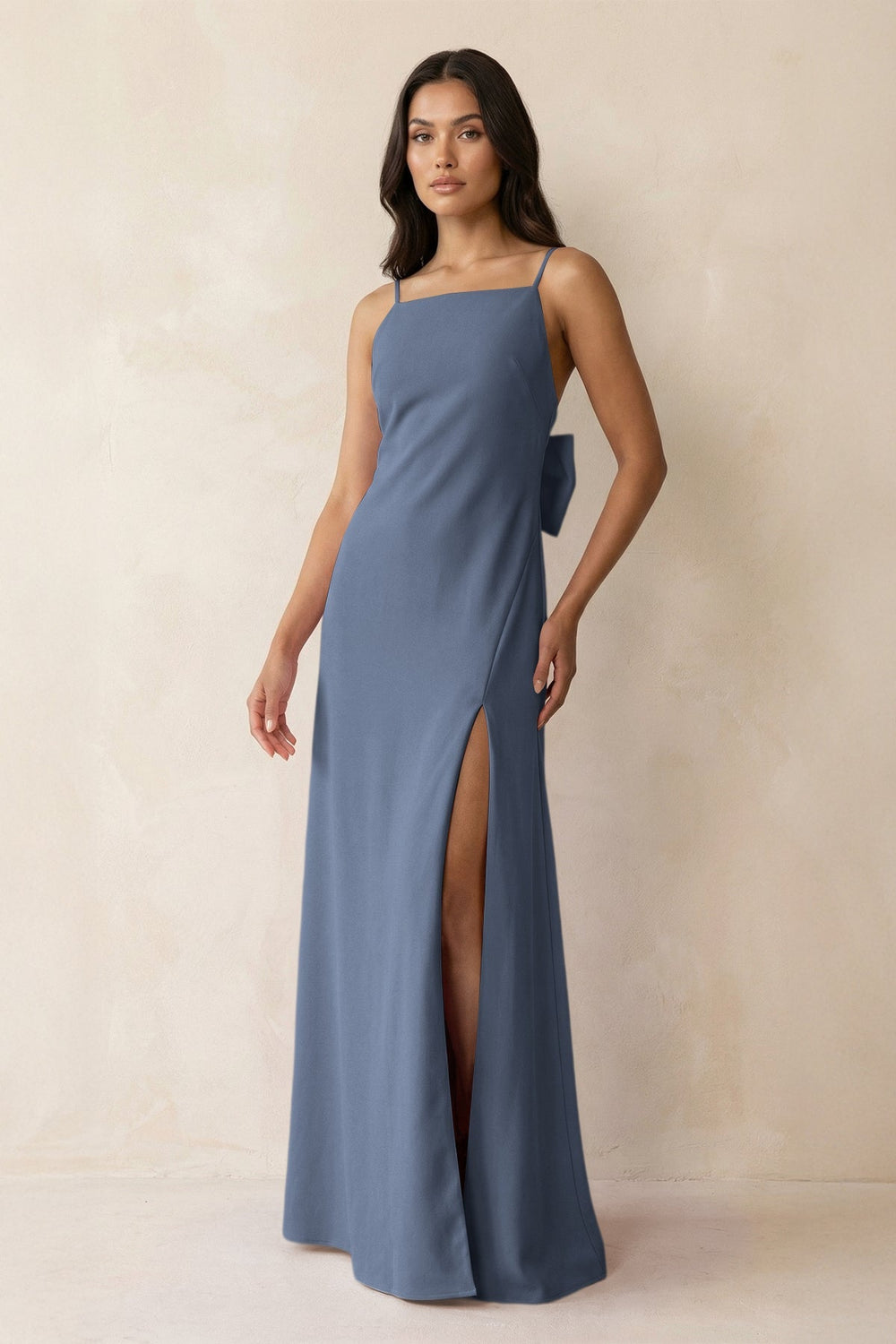 Spaghetti Strap Sheath Satin Bridesmaid Dress with Bow in Neptune - SHE IS ME Bridesmaid Dresses