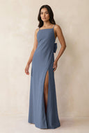 Spaghetti Strap Sheath Satin Bridesmaid Dress with Bow in Neptune - KISS BRIDAL Bridesmaid Dresses