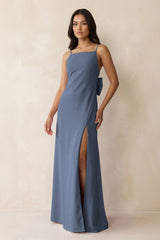 Spaghetti Strap Sheath Satin Bridesmaid Dress with Bow in Neptune - KISS BRIDAL Bridesmaid Dresses