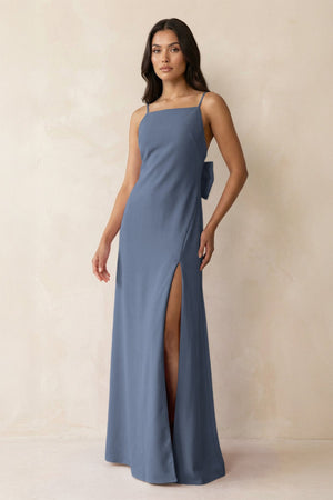 Spaghetti Strap Sheath Satin Bridesmaid Dress with Bow in Neptune - KISS BRIDAL Bridesmaid Dresses