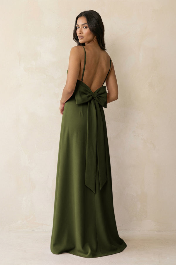 Spaghetti Strap Sheath Satin Bridesmaid Dress with Bow in Olive - KISS BRIDAL Bridesmaid Dresses