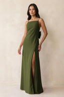 Spaghetti Strap Sheath Satin Bridesmaid Dress with Bow in Olive - KISS BRIDAL Bridesmaid Dresses