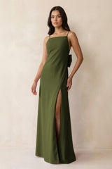 Spaghetti Strap Sheath Satin Bridesmaid Dress with Bow in Olive - KISS BRIDAL Bridesmaid Dresses