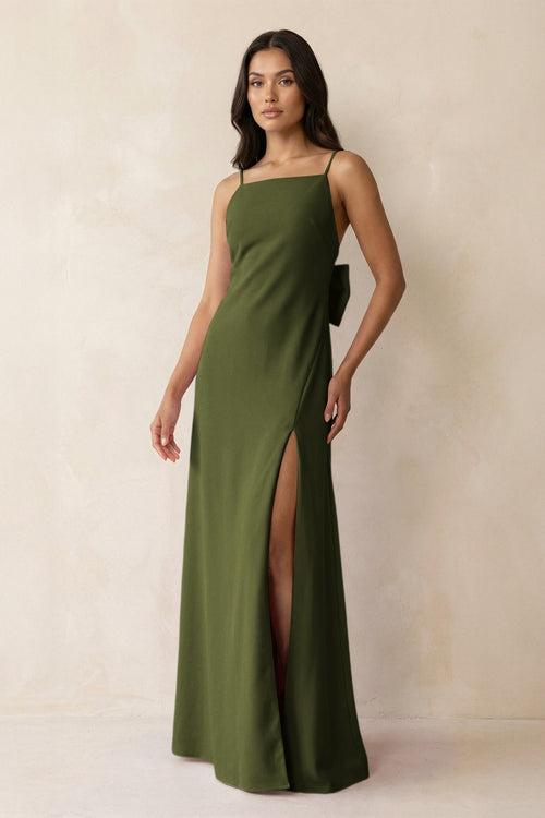Spaghetti Strap Sheath Satin Bridesmaid Dress with Bow in Olive - KISS BRIDAL Bridesmaid Dresses