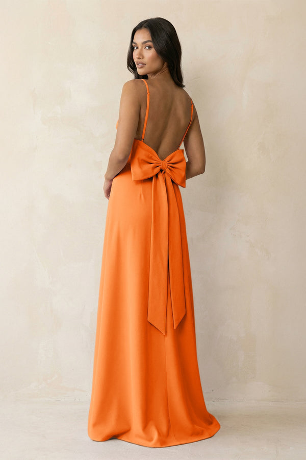 Spaghetti Strap Sheath Satin Bridesmaid Dress with Bow in Orange - KISS BRIDAL Bridesmaid Dresses