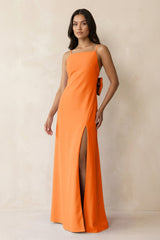 Spaghetti Strap Sheath Satin Bridesmaid Dress with Bow in Orange - KISS BRIDAL Bridesmaid Dresses