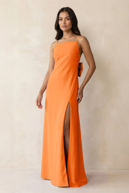 Spaghetti Strap Sheath Satin Bridesmaid Dress with Bow in Orange - KISS BRIDAL Bridesmaid Dresses