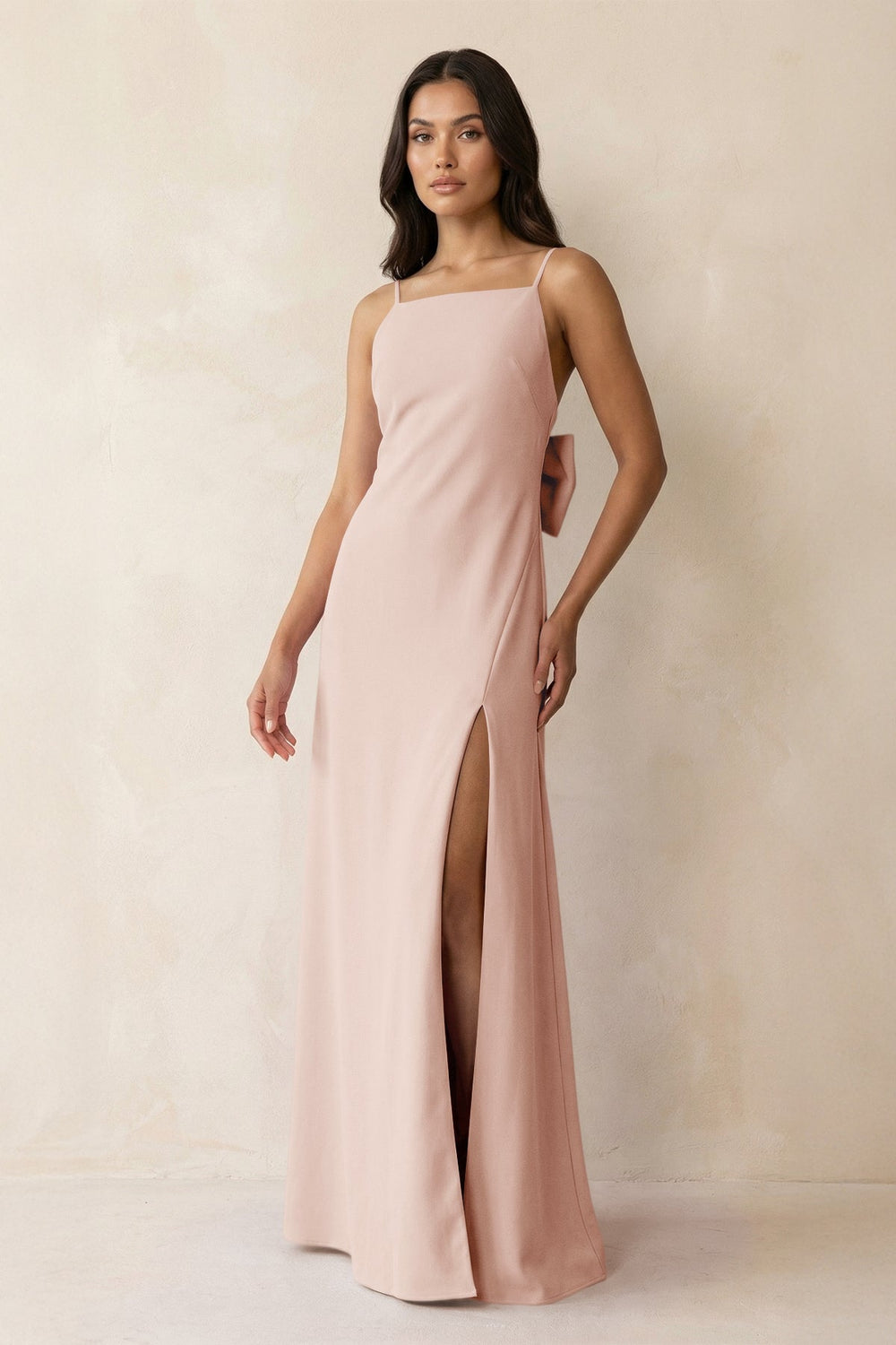 Spaghetti Strap Sheath Satin Bridesmaid Dress with Bow in Pale Blush - KISS BRIDAL Bridesmaid Dresses